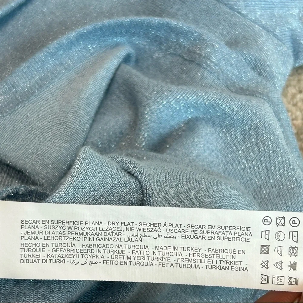 Zara light blue shimmer metallic glitter long sleeve keyhole collared blouse top - Picture 11 of 16